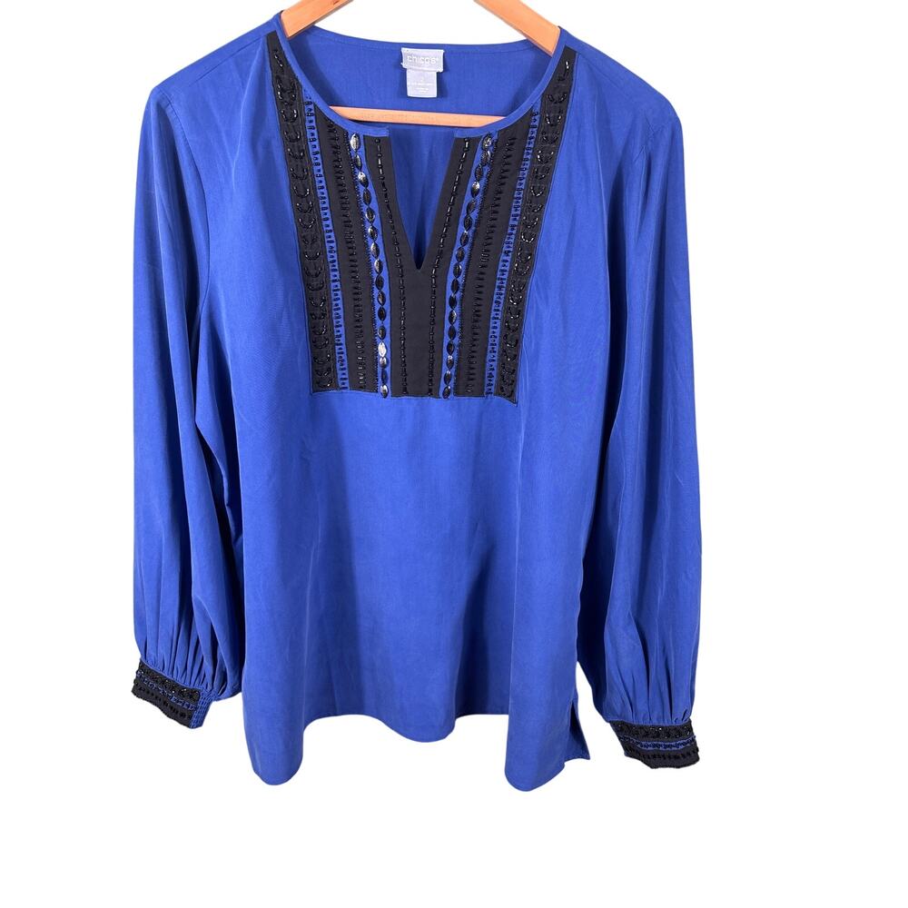 Chico's Womens Size 2 Large Blue Black Beads Rhinestone Embellished Tunic Blouse